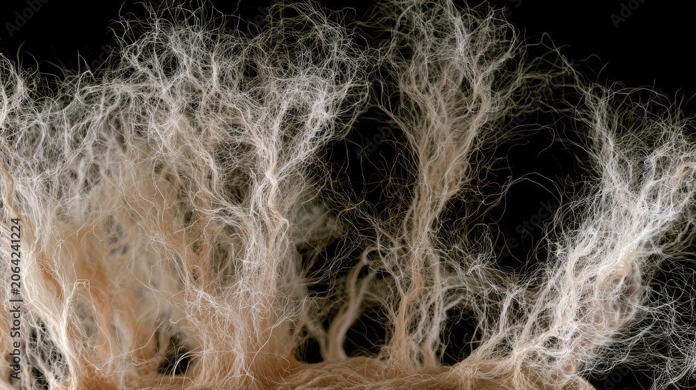 Fototapeta premium Roots grow in a pattern resembling small trees against a black background during a close-up view of natural elements