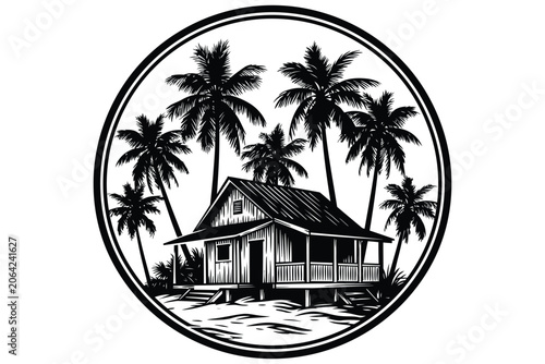 House vector illustration on tropical beach inside circle