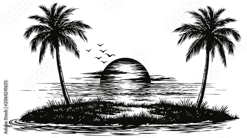 Palm vector illustration island sunset at tropical beach