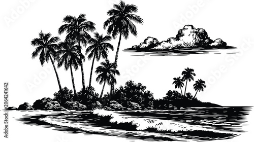Island vector illustration with palm trees and ocean waves