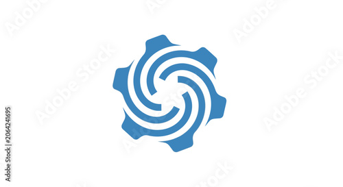 Blue industrial gear icon with central spiral motion