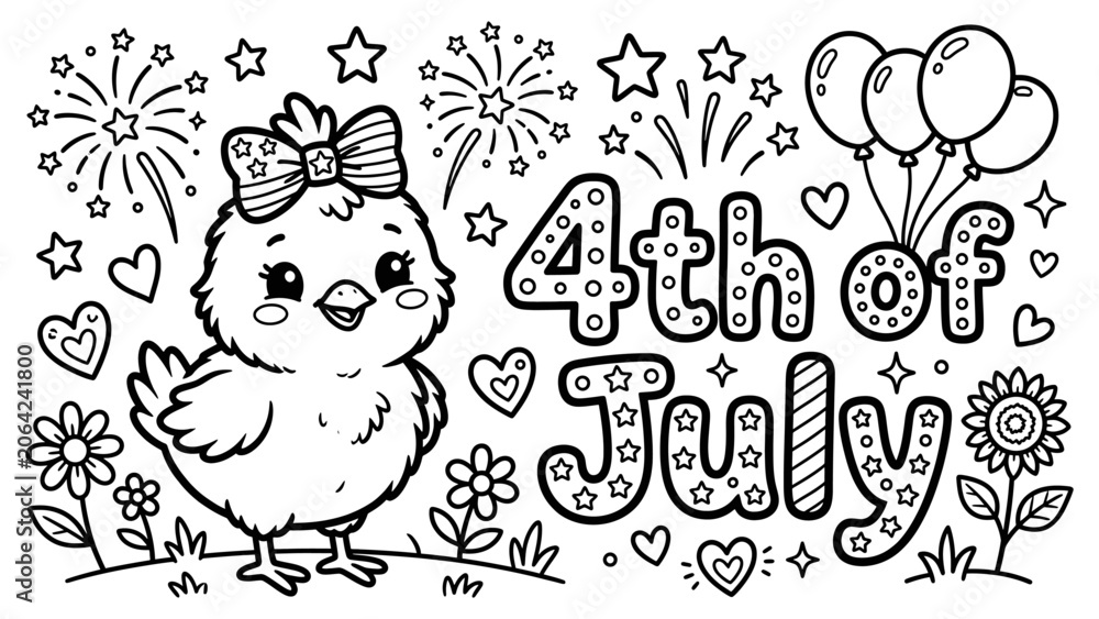 Fototapeta premium 4th of July coloring page with cute cartoon chick fireworks balloons and stars for kids holiday activity