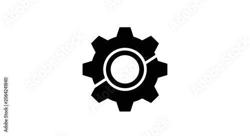 Bold black gear icon on white background.