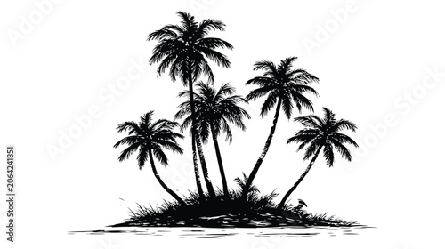 Island vector silhouette tropical islet with multiple palm