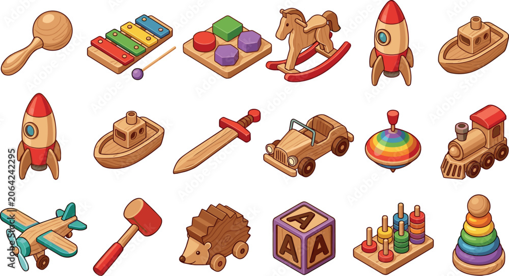Naklejka premium Isometric Wooden Eco Friendly Baby Toy Vector Icon Set with Rocking Horse, Train, Rocket, Blocks, Xylophone, and Airplane for Nursery Designs