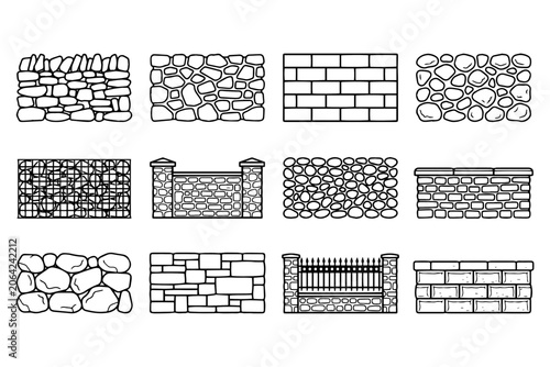 Stone Fence and Wall Types Large Icons Set Black Clean Line Architecture Outline Collection