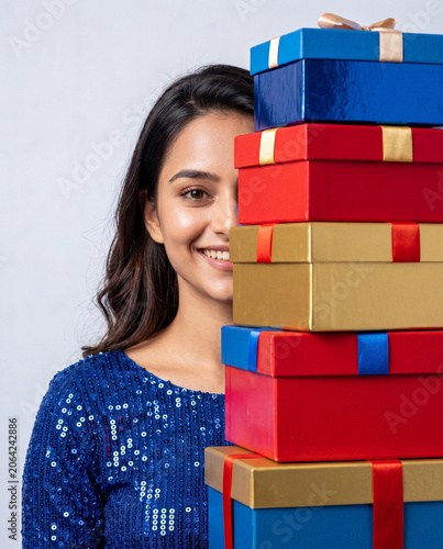 Smiling Indian Woman Peeking Behind Stack Of Colorful Gift Boxes During Festive Celebration generative ai