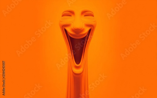 Abstract face orange background distorted smile laughing face elongated face surreal portrait emotional expression vertical stretch digital art mask