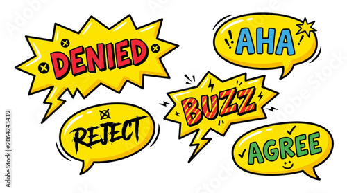 Comic speech bubbles with denied reject aha agree text.