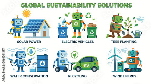 Set of cute robots performing various global sustainability and eco friendly environmental solutions.