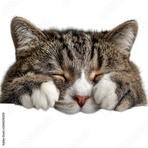 PNG of Sleepy tabby cat resting peacefully with its paws tucked under its chin.
