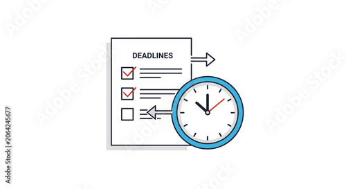 Deadlines management illustration showing a checklist of tasks with checkmarks and an analog wall clock.