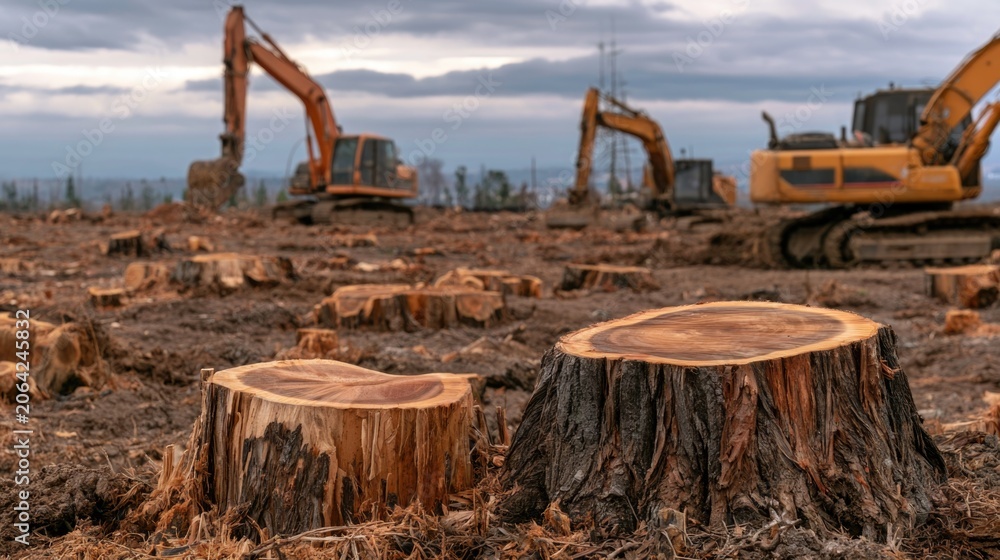 Fototapeta premium Tree Stumps and Excavators on Deforested Land Showing Environmental Impact of Industrial Logging