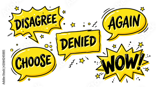 Comic speech bubbles with disagree and denied text labels.