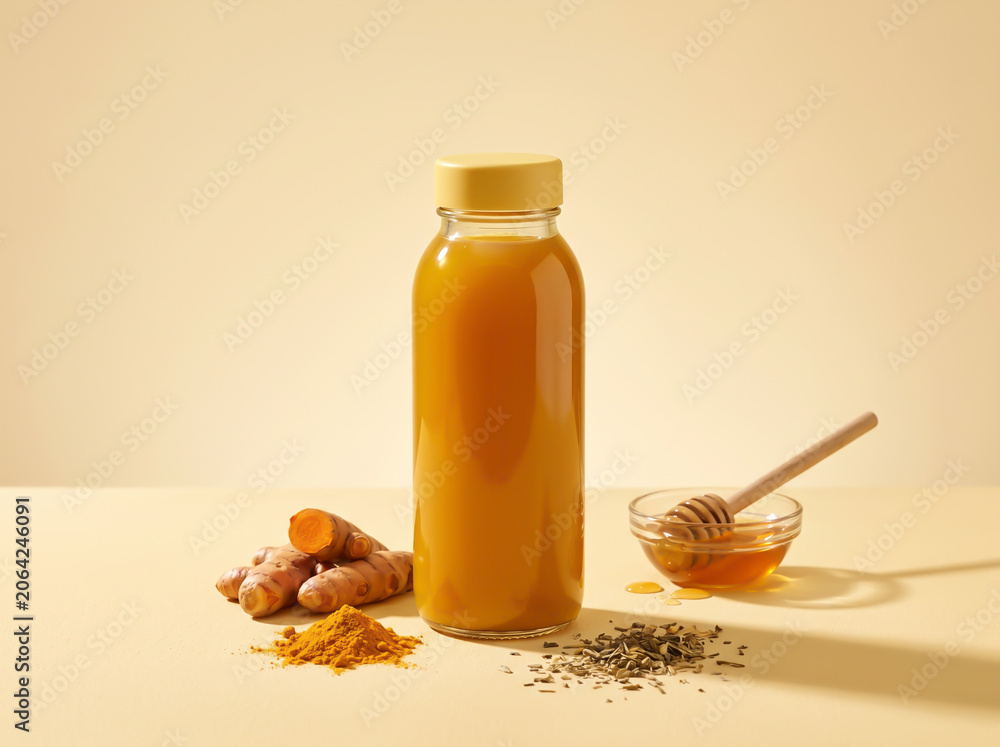 Fototapeta premium Healthy turmeric herbal drink with fresh roots and honey