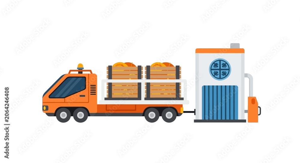 Naklejka premium Flat Vector Illustration of an Orange Delivery Truck Transporting Wooden Crates of Fresh Fruit to a Cold Storage or Processing Unit