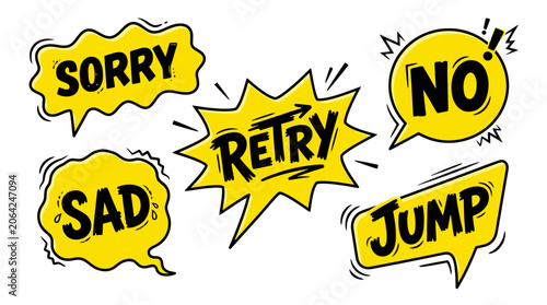 Comic speech bubbles with Sorry No Sad Retry Jump text.