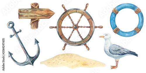 Billede på lærred Nautical marine watercolor collection with detailed helm steering wheel blue lifebuoy vintage anchor rustic wooden signpost sand island and authentic seagull bird