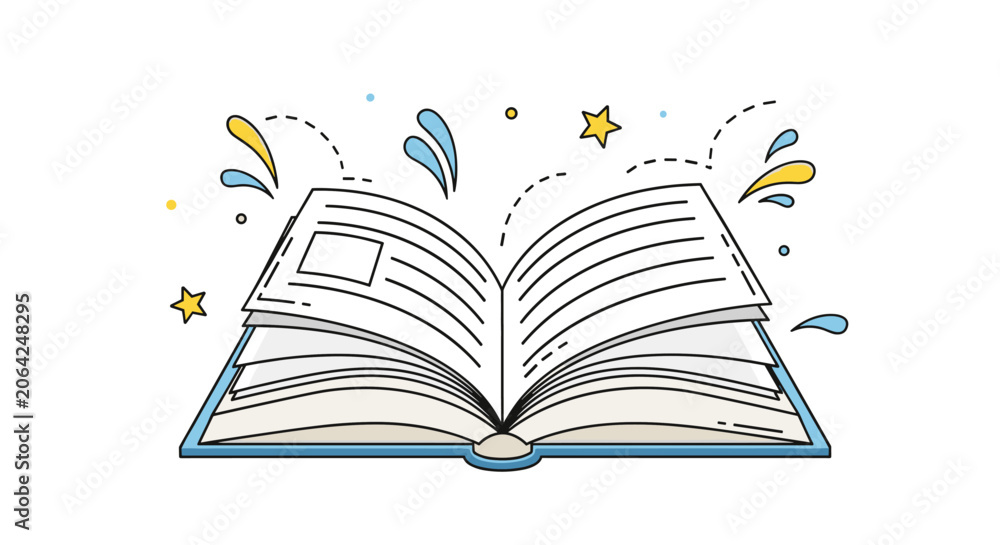 Naklejka premium Open book with magical colorful water splashes and yellow stars rising represents creative education, fantasy reading, and wisdom.