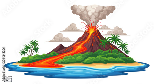 Obraz na płótnie Active volcano erupting lava on a tropical island with palm trees