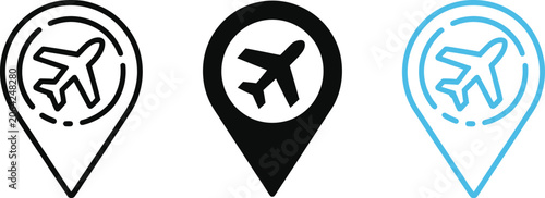 Airplane location pin icon set vector illustration with black outline solid silhouette and blue line design for airport travel maps.