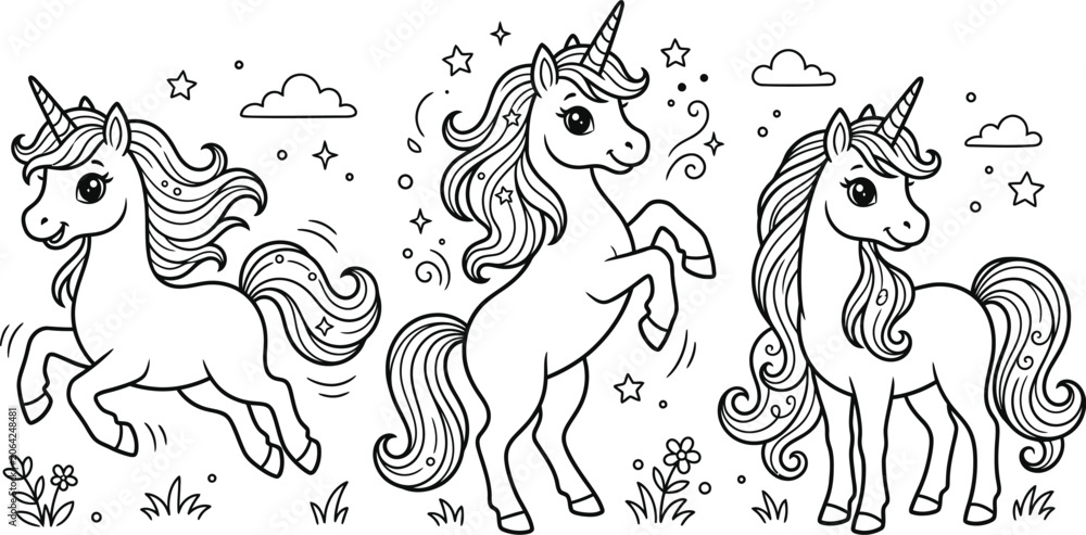 Fototapeta premium Unicorns galloping detailed coloring page for kids and adults fantasy illustration