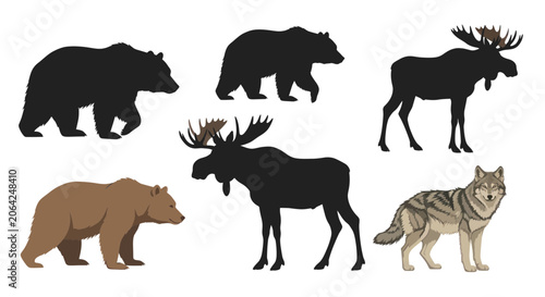 Obraz na płótnie Wild forest animal collection with grizzly bear moose and wolf