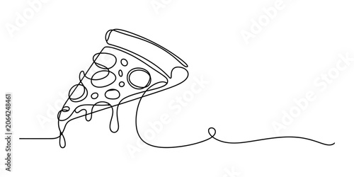 A single continuous line drawing of a delicious slice of pepperoni pizza with melted cheese dripping down in a minimalist artistic style for food design Vector, illustration