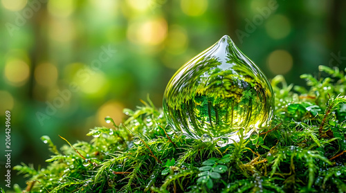 World Environment Day water droplet reflection on moss texture with luxurious green bokeh, ecological sustainability concept, premium macro photography background for environmental campaigns