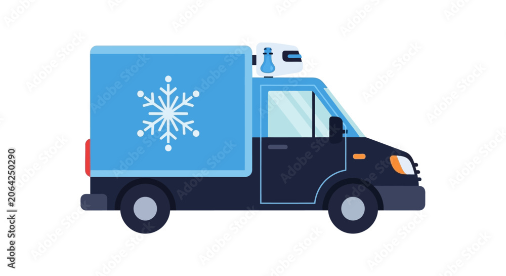 Fototapeta premium Refrigerated Delivery Van Illustration for Cold Chain Logistics and Frozen Food Transport - Flat Vector Icon on White Background