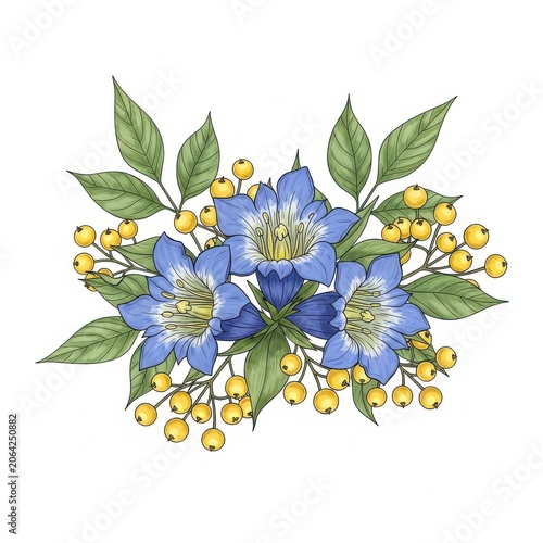 Blue flowers with green leaves and yellow berries