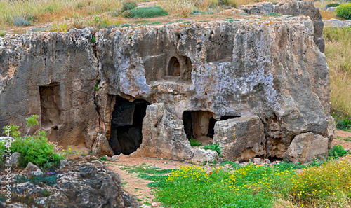 Cave entrance onto the royal tombs in the archaeological site near Nea Paphos on Cyprus