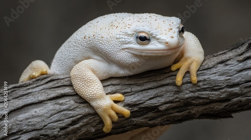 Albino frog resting on a tree branch in natural habitat.