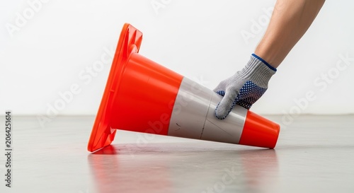Hand in protective glove placing a bright orange traffic safety cone on the floor in a construction setting.