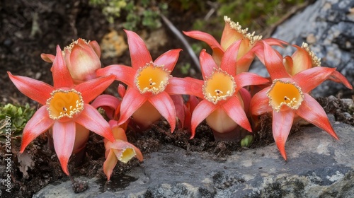 Close up of vibrant red and orange star shaped flowers blooming on a mossy rock.