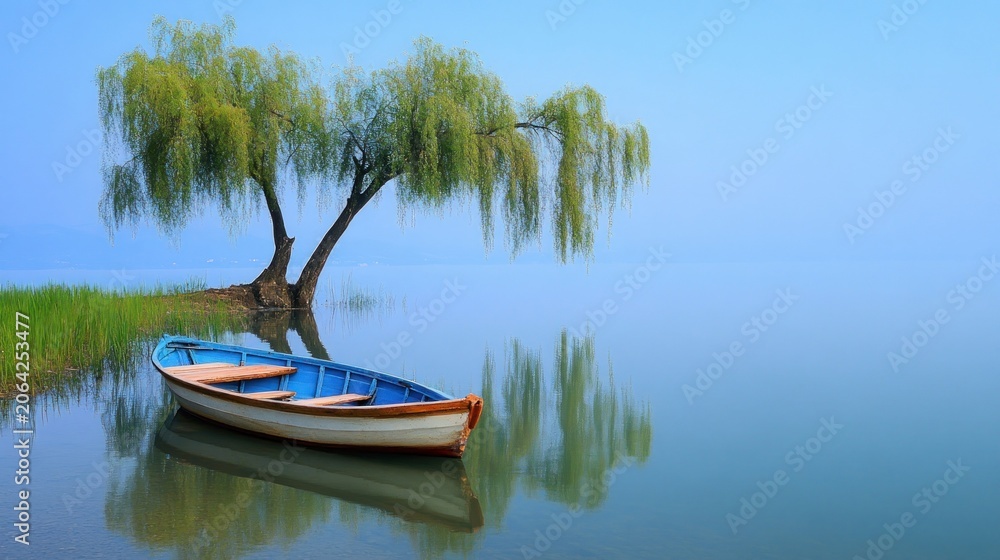Fototapeta premium Serene Willow Tree and Boat on Misty Lake.