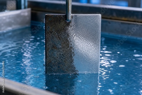 Iron plate in a blue bath with a shiny silver coating forming.