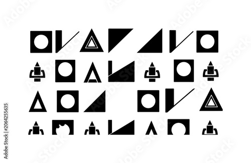 Geometric shapes, icons, symbols, black and white vector graphics, 25 elements