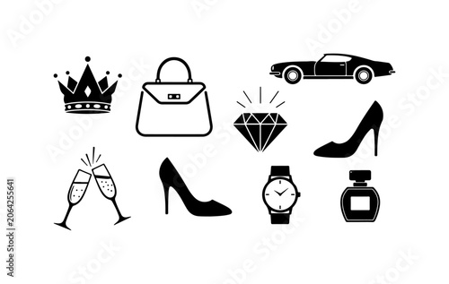Luxury icons, fashion symbols, jewelry, beauty, and accessories, vector set