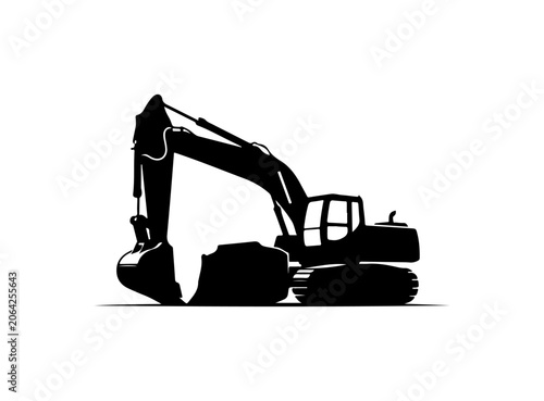 Excavator silhouette, construction equipment, heavy machinery, black icon