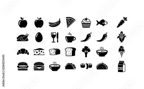 Food icons, black and white, 30 piece set, vector graphics, restaurant symbols, culinary illustrations