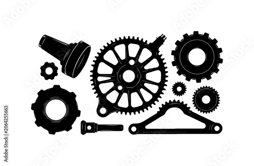 Mechanical gear icons, black silhouette, industrial tools, machinery parts, vector graphics