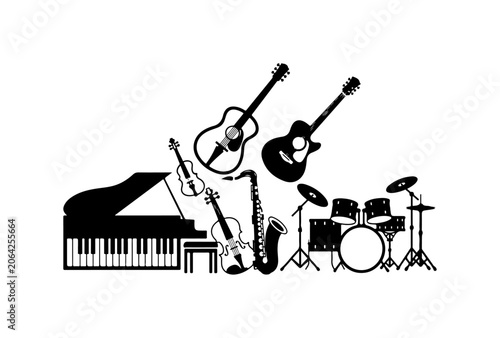 Music instruments, black silhouette icons, guitar, piano, drum set, saxophone, vector graphics
