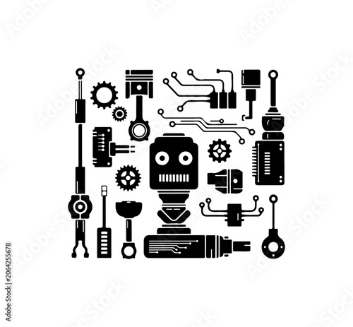Robot, mechanical, gear, tool icons, black and white, 25 elements, industrial vector graphics