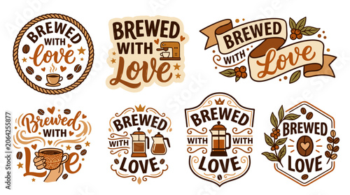 Collection of brewed with love coffee badges and labels featuring various design illustrations like coffee cups. Beans. Leaves. Berries. Espresso makers. And presses. Presented in a vintage
