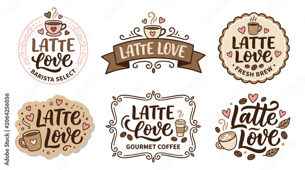 Fototapeta premium Latte love concept with various coffee shop hand drawn badge designs, including hearts, beans, steam, cups, and typography for cafe branding and menu