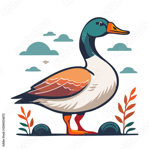 Flat design illustration of a mallard duck with clouds and plants