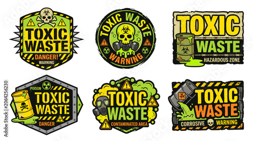 Collection of toxic waste warning labels and hazard stickers showing danger symbols. Biohazard signs. Skulls. Gas masks. And leaking barrels