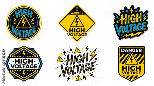High voltage and electricity danger warning signs collection, featuring lightning bolt symbols and text, creating a strong concept of caution, risk, and industrial safety