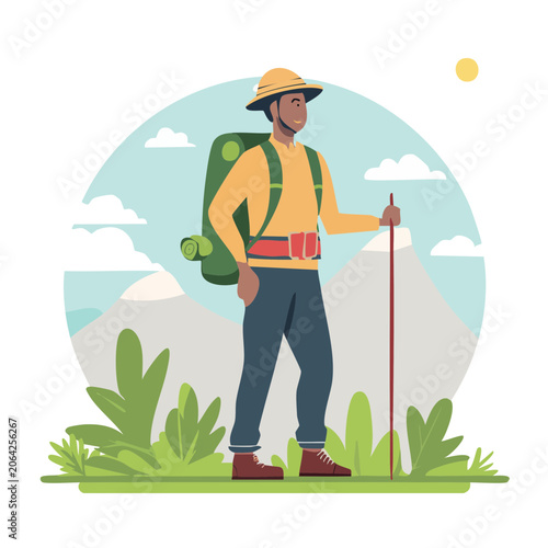 Man with backpack and hiking pole in mountains